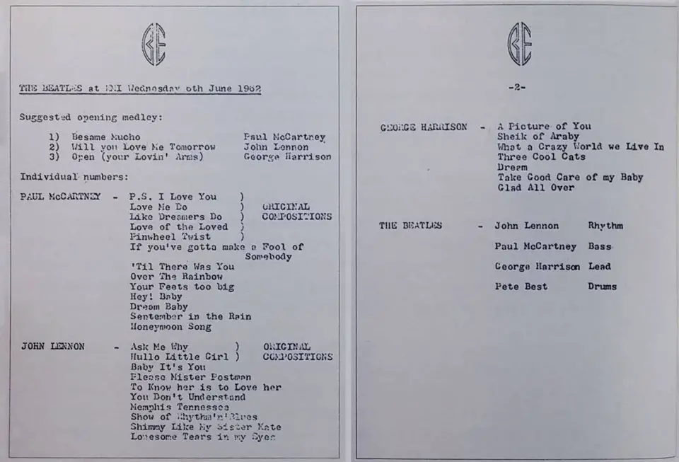 Brian Epstein's list of song suggestions for The Beatles' first EMI recording session on 6 June 1962